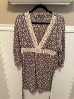 Taupe Ikat Midi Dress with Cream Lace Trim and V-Neck
